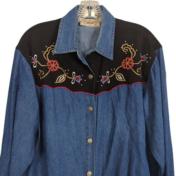 Rhythm Blue Vintage Shirt Western Denim Velvet Embroidered Floral Women L - Picture 3 of 14